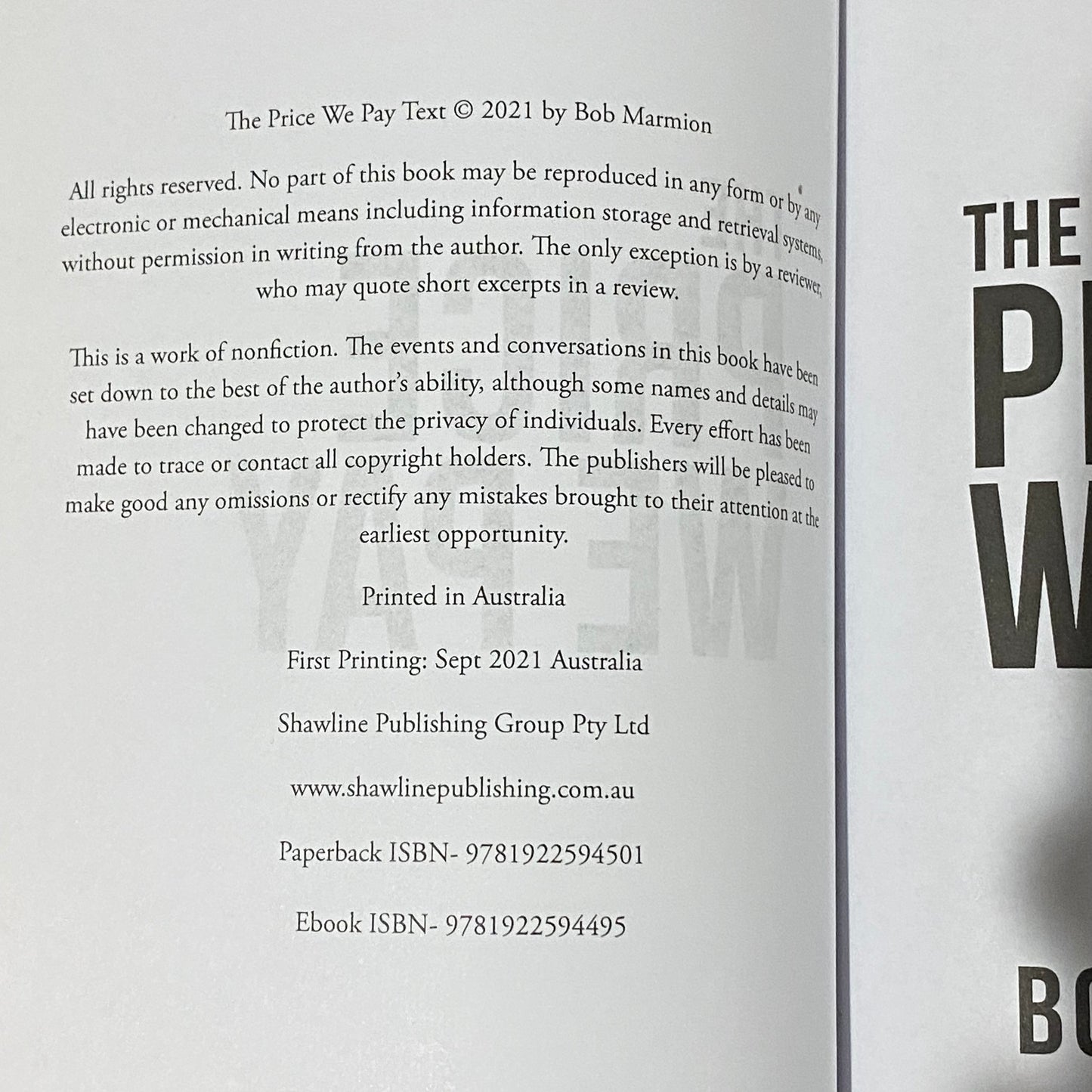The Price We Pay by Bob Marmion Australian Police Story Paperback 2021 GD