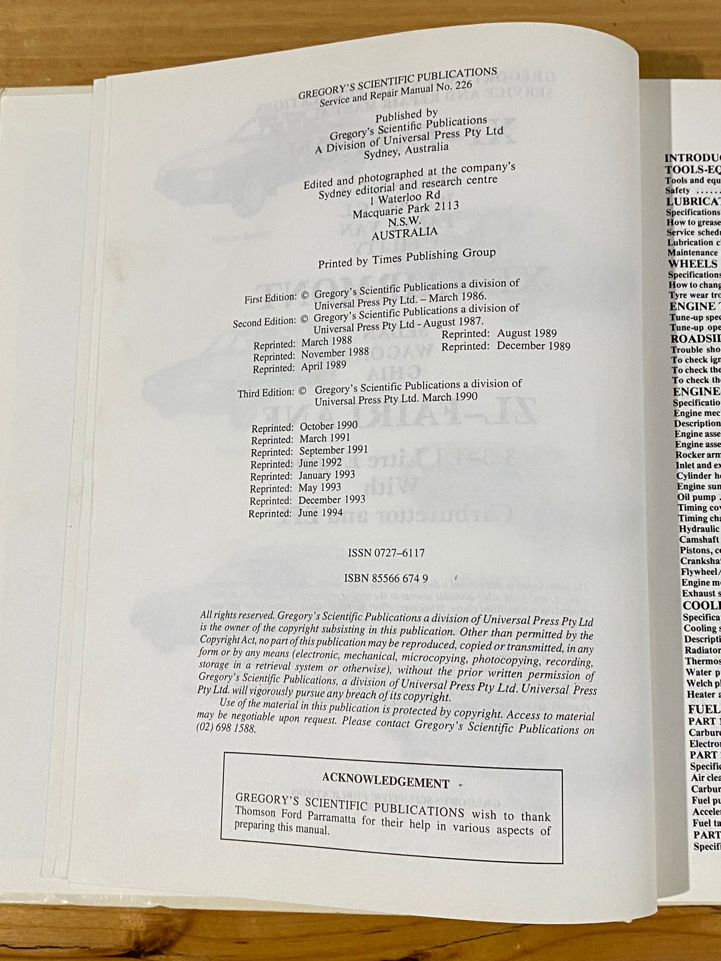 Gregory's Automotive Service and Repair Manual Falcon XF Fairlane ZL 6 Cylinder 84-87 Hardcover GD