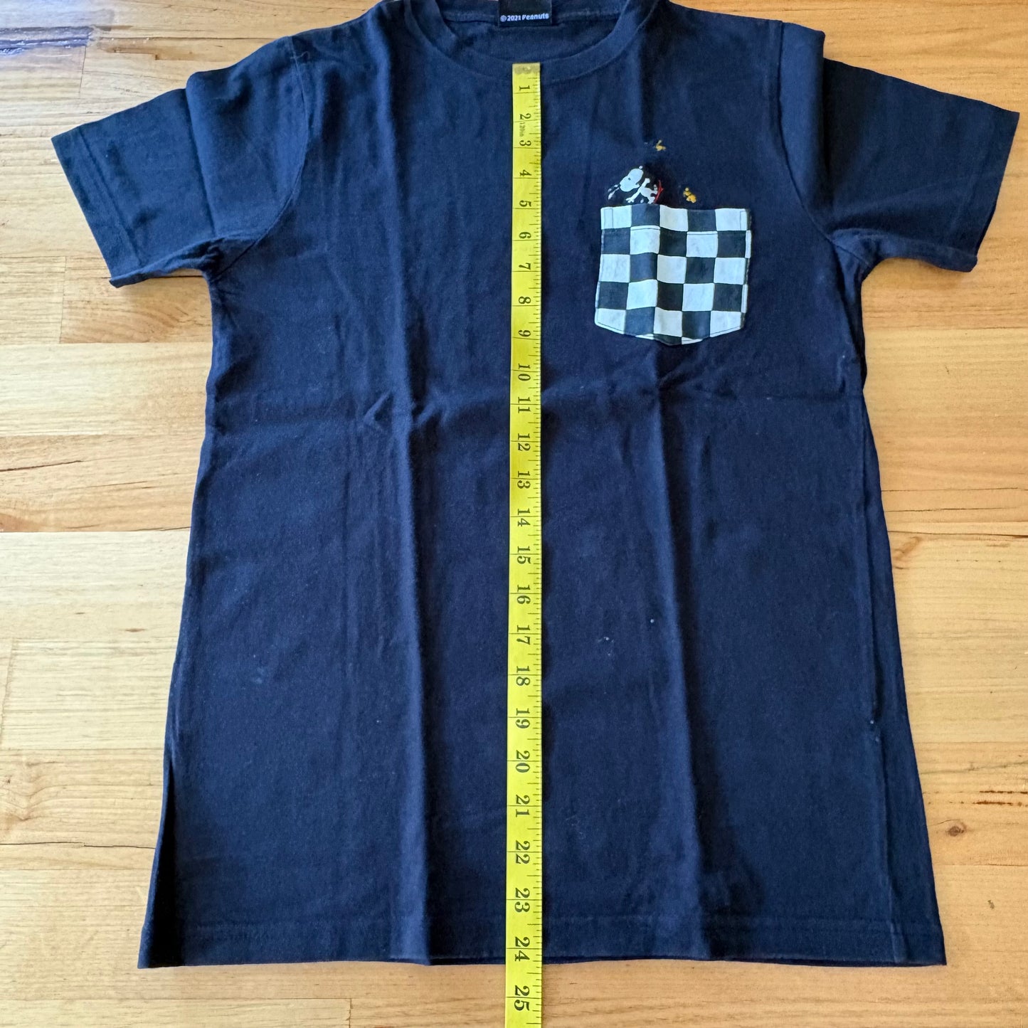 Snoopy Skateboarding T-Shirt Black Checked Pocket Short Sleeve Size M