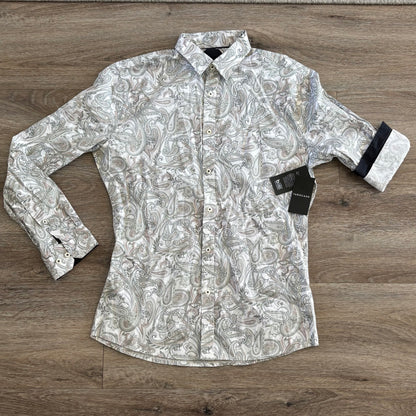 Tarocash Shirt Men's Casual Medium Long Sleeve Slim Fit White Paisley Pattern Collared NWT