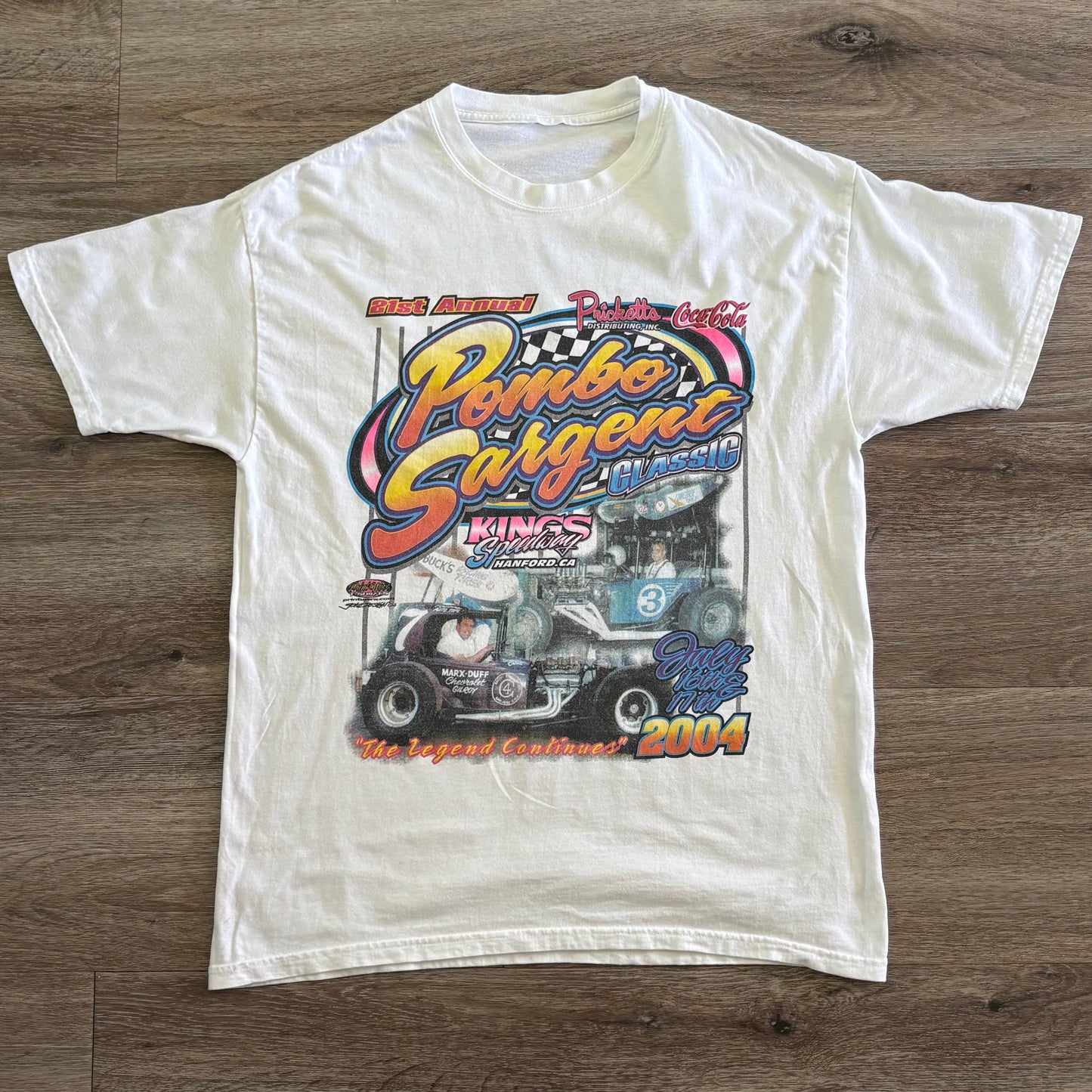 NASCAR T-Shirt Pombo Sargent Classic Men's White Short Sleeve Sz 44 Vintage