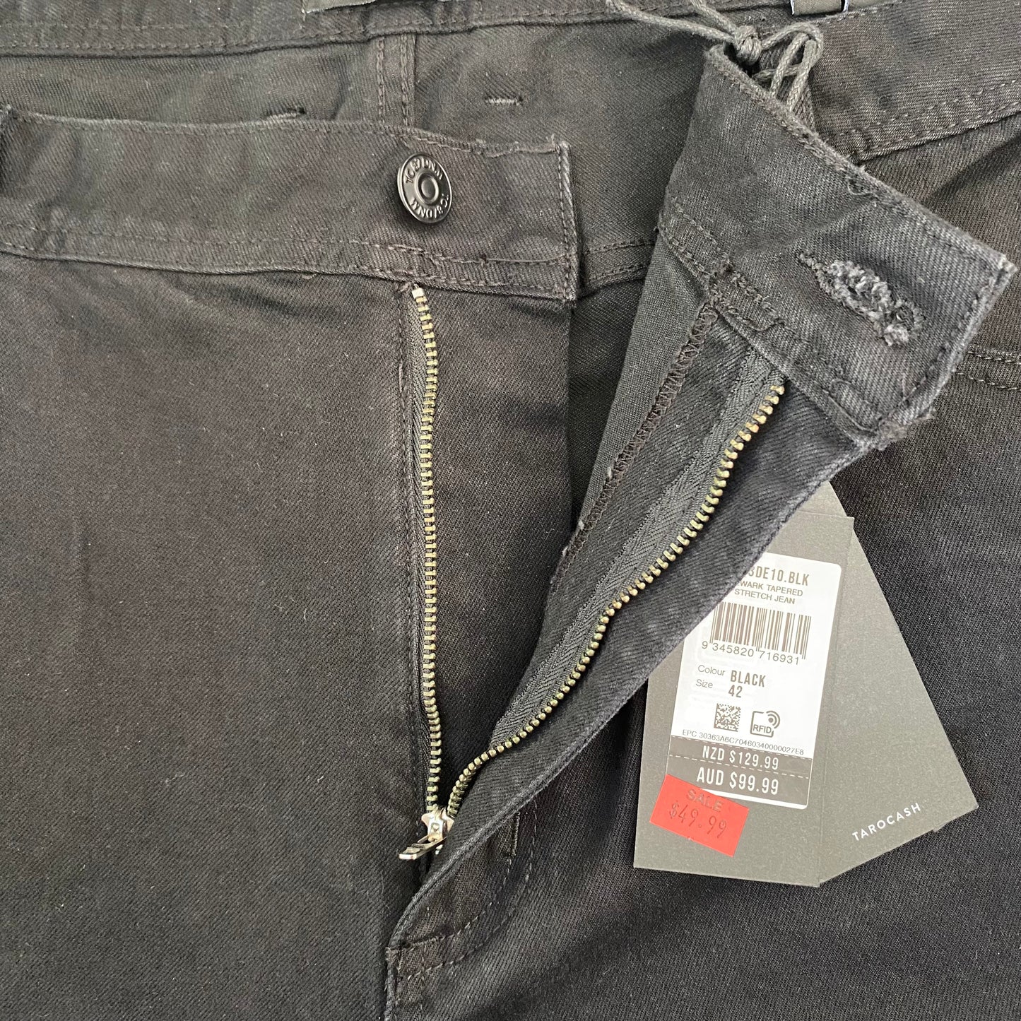 Tarocash Men’s Jeans Tapered Denim Black Size 42-inch Waist Zip Fly New With Tags