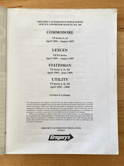 Gregory's Automotive Service and Repair Manual Commordore Lexcen 1995-1997 Softcover VGC