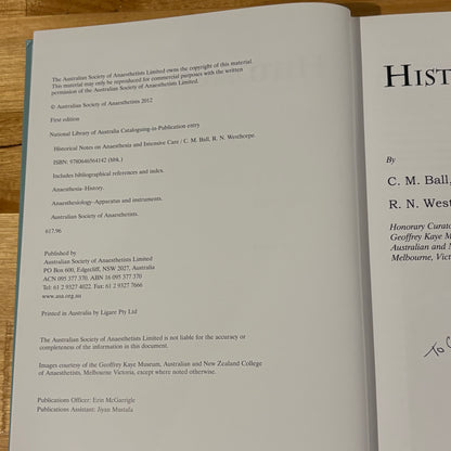 Historical Notes on Anaesthesia and Intensive Care Hardcover 2012 SIGNED GD