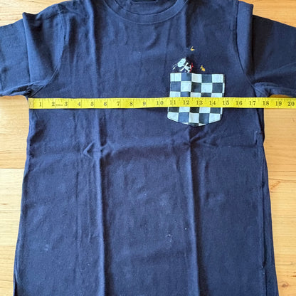 Snoopy Skateboarding T-Shirt Black Checked Pocket Short Sleeve Size M