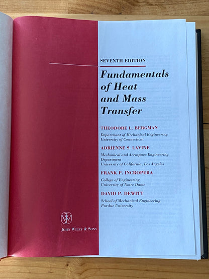 Fundamentals Of Heat And Mass Transfer 7th Edition Hardcover GD