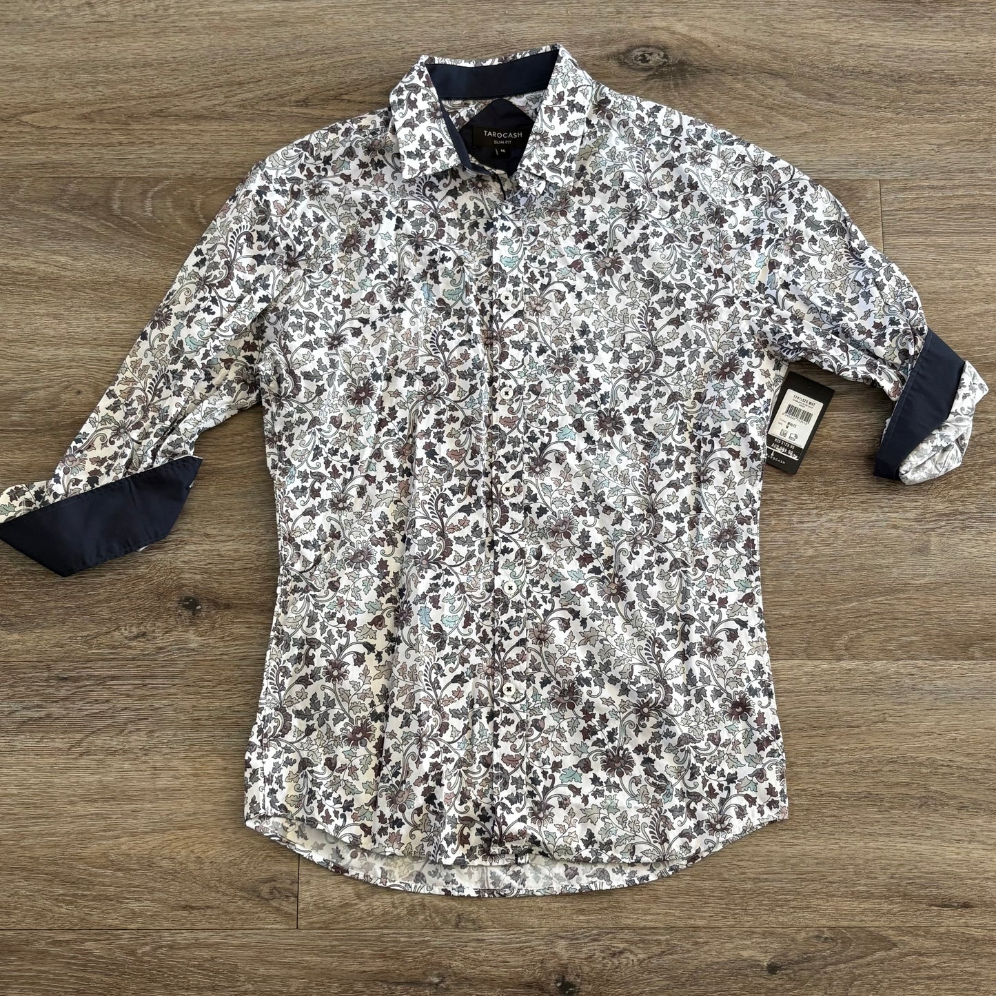 Tarocash Shirt Mens Casual Sz M Long Sleeve Slim Fit White Leaf Collared NWT
