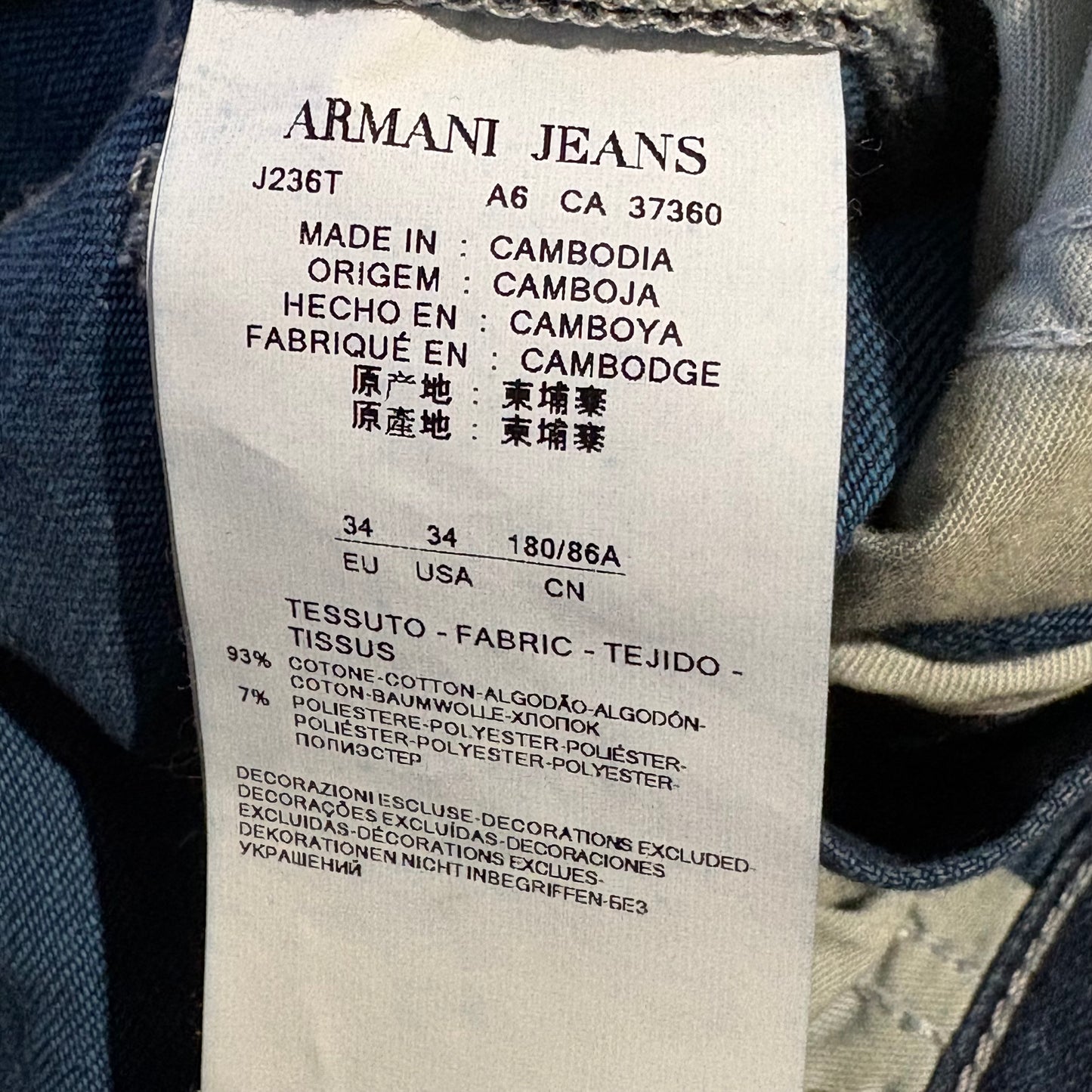 Armani Jeans J23 Mens Slim Fit Stretch Denim W34 L34 Blue New With Tags