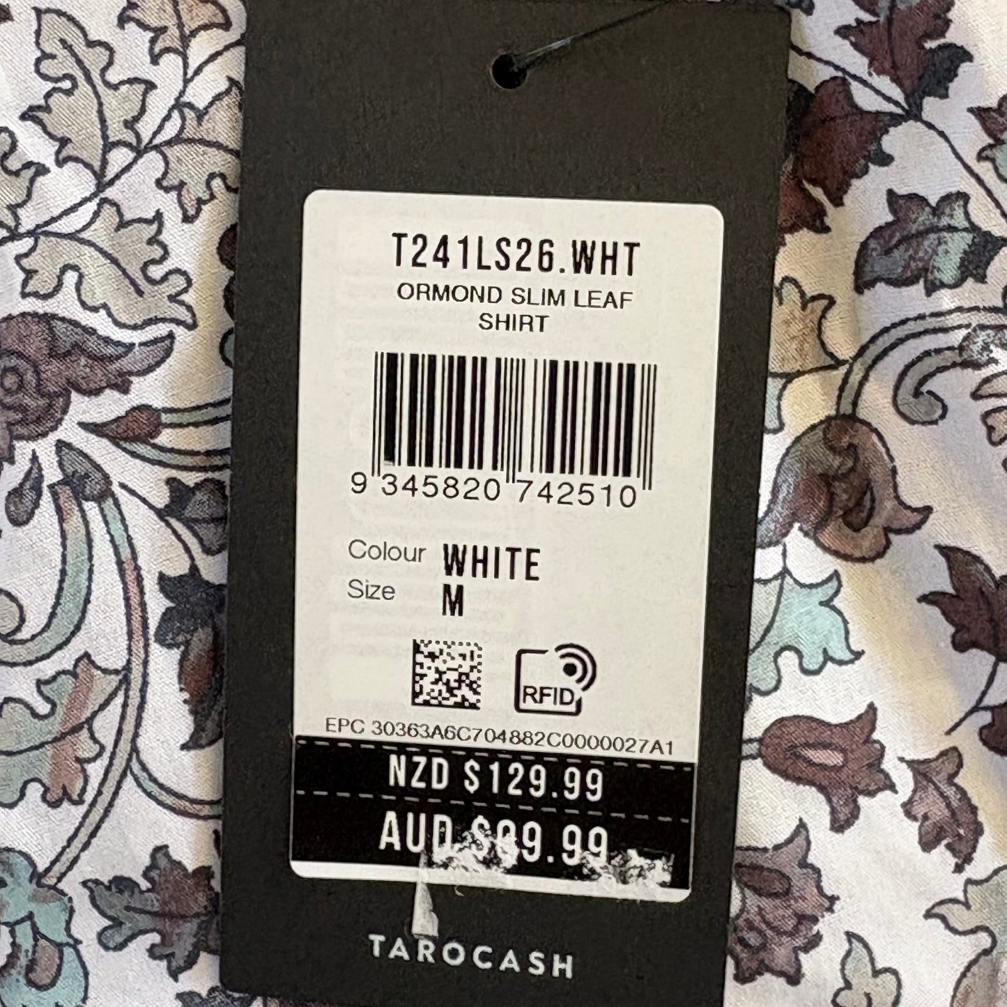 Tarocash Shirt Mens Casual Sz M Long Sleeve Slim Fit White Leaf Collared NWT