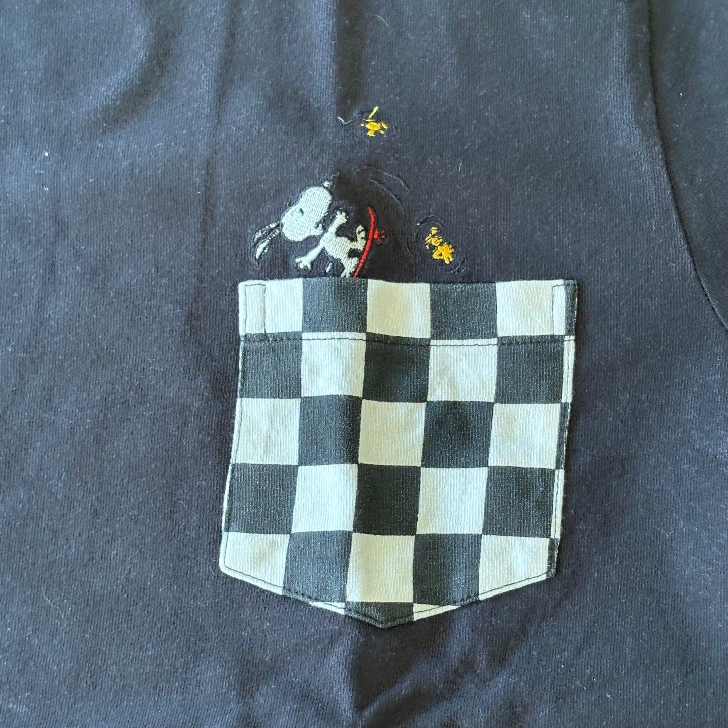 Snoopy Skateboarding T-Shirt Black Checked Pocket Short Sleeve Size M