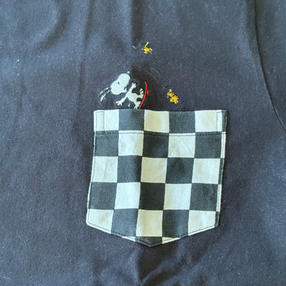 Snoopy Skateboarding T-Shirt Black Checked Pocket Short Sleeve Size M
