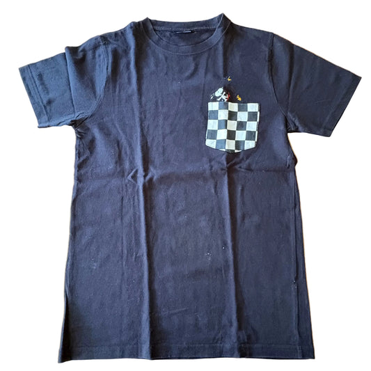 Snoopy Skateboarding T-Shirt Black Checked Pocket Short Sleeve Size M