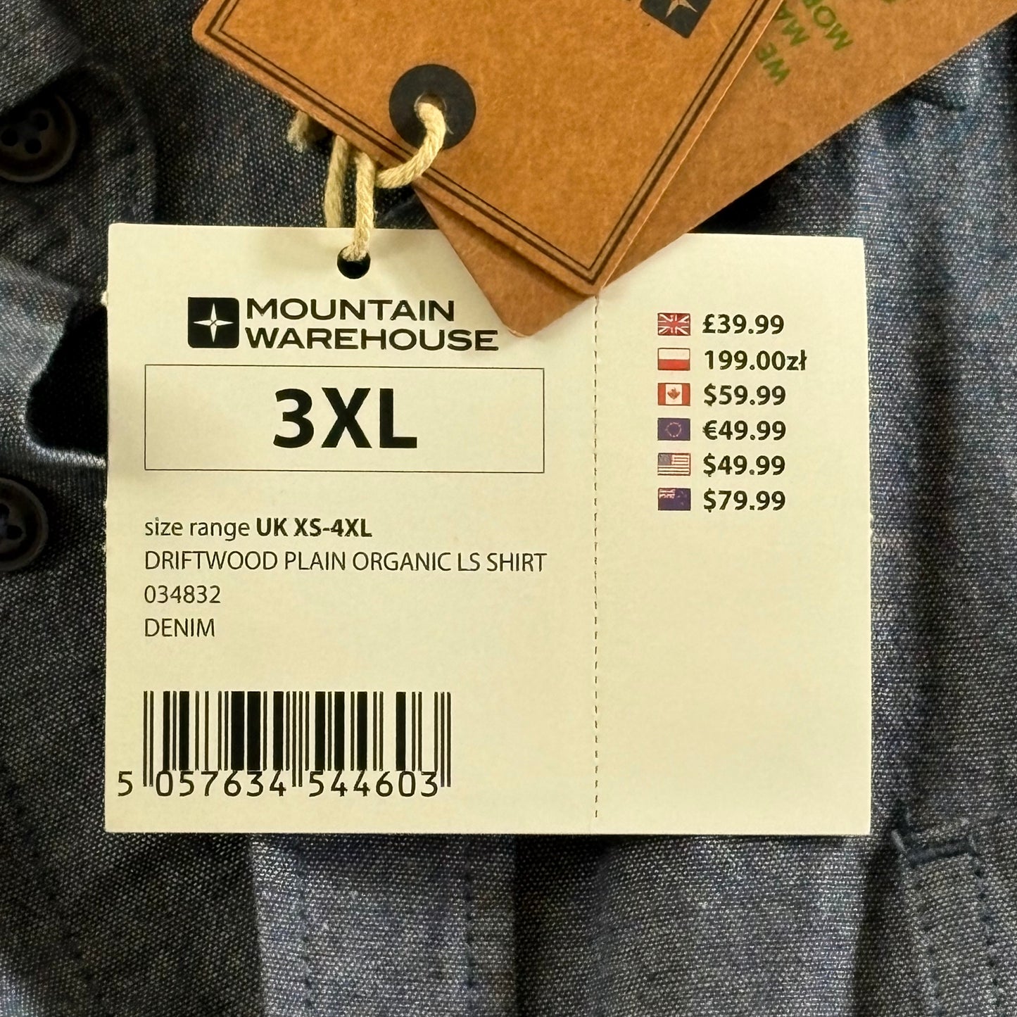 Mountain Designs Organic Cotton Shirt Mens Blue Collared Size 3XL Long Sleeves