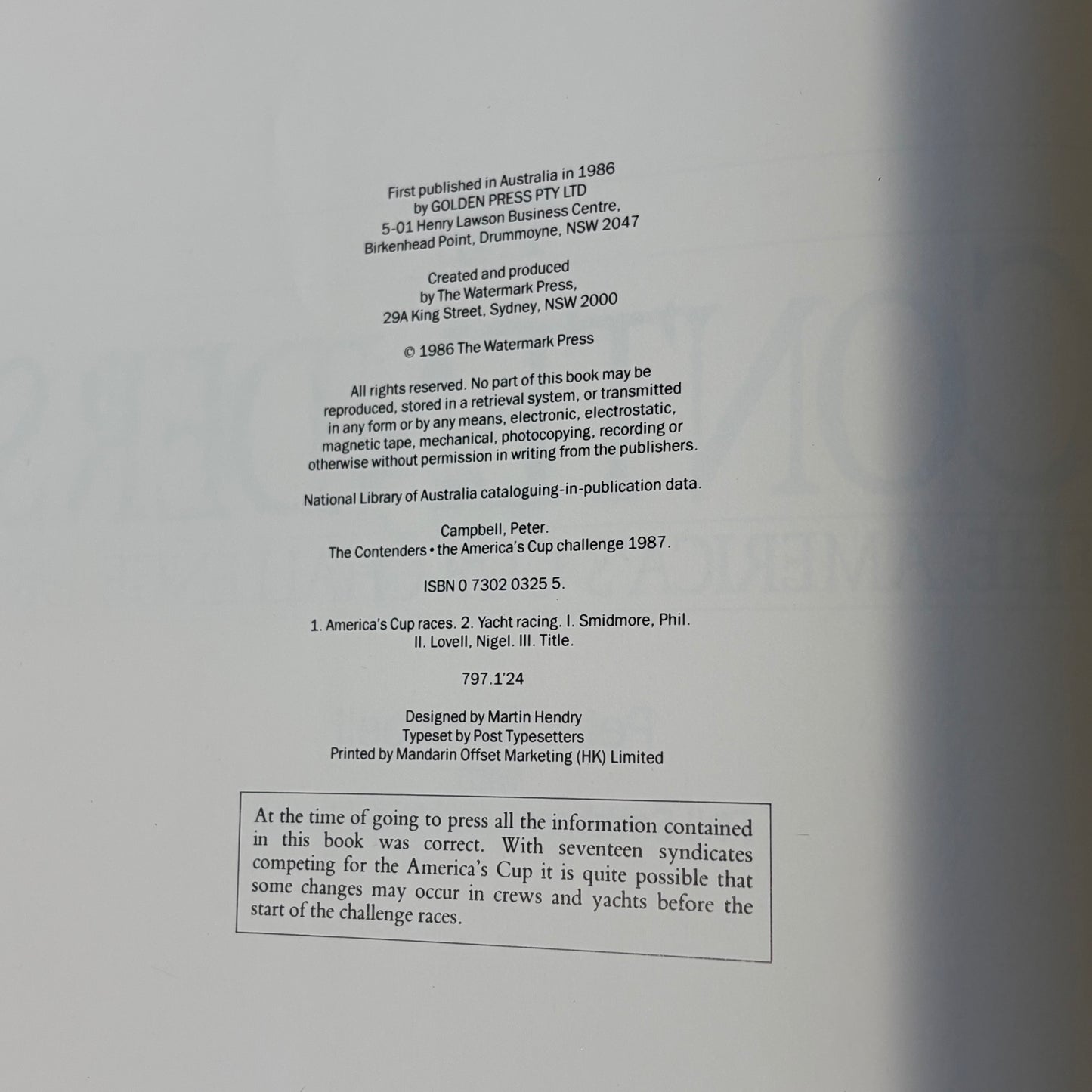 The Contenders Americas Cup Challenge 1987 Hardcover VTG GD