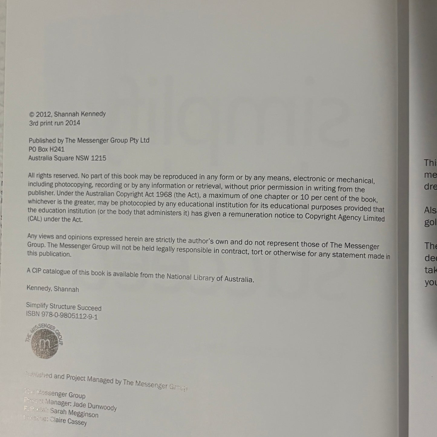 Simplify Structure Succeed by Shannah Kennedy SIGNED Paperback 2014 GD