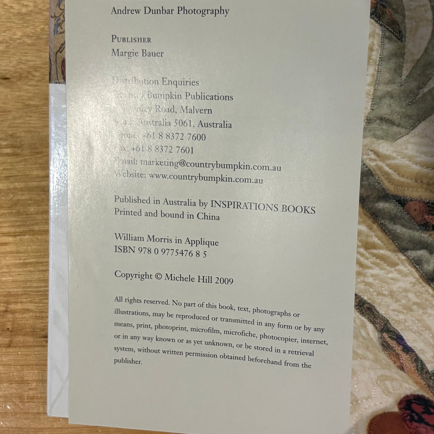 William Morris in Appliqué by Michele Hill Softcover Book 2009 GD