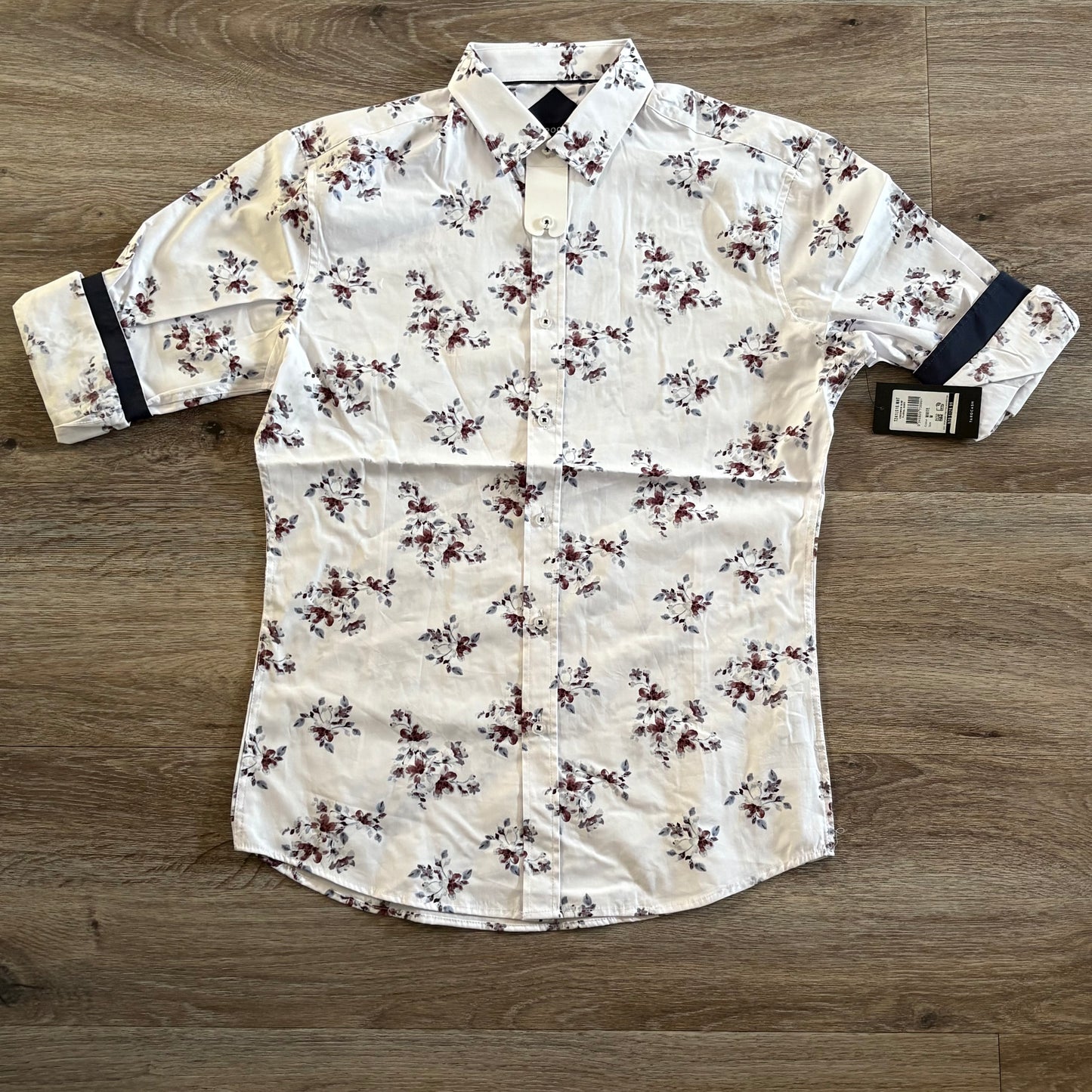 Tarocash Shirt Men's Casual Medium Short Sleeve Slim Fit White Floral Pattern Collared NWT