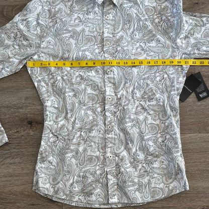 Tarocash Shirt Men's Casual Medium Long Sleeve Slim Fit White Paisley Pattern Collared NWT