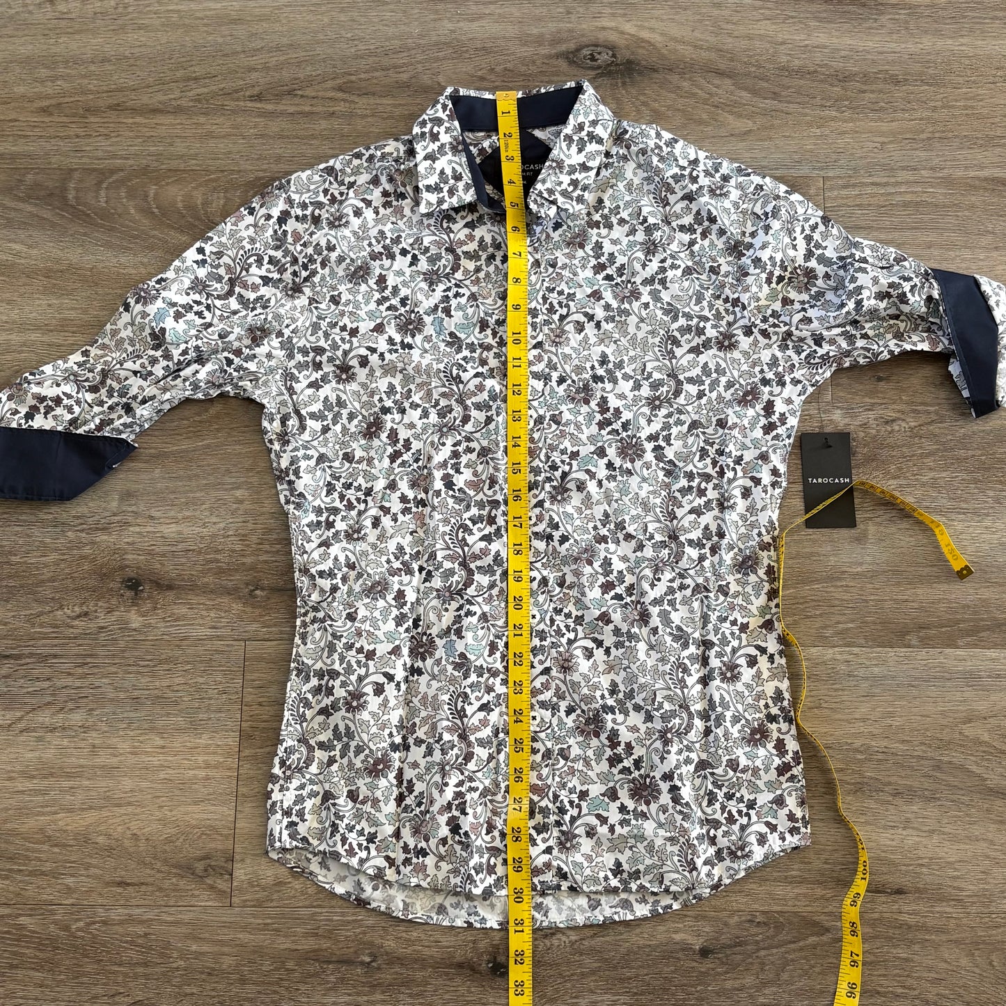 Tarocash Shirt Mens Casual Sz M Long Sleeve Slim Fit White Leaf Collared NWT