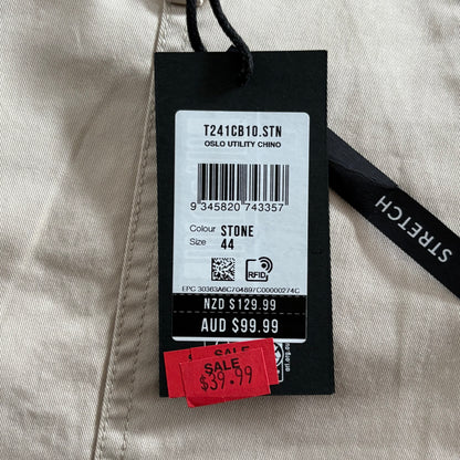 Tarocash Men’s Chinos Stone Sz 44-inch Oslo Utility Waist Stretch Zip Fly New With Tags