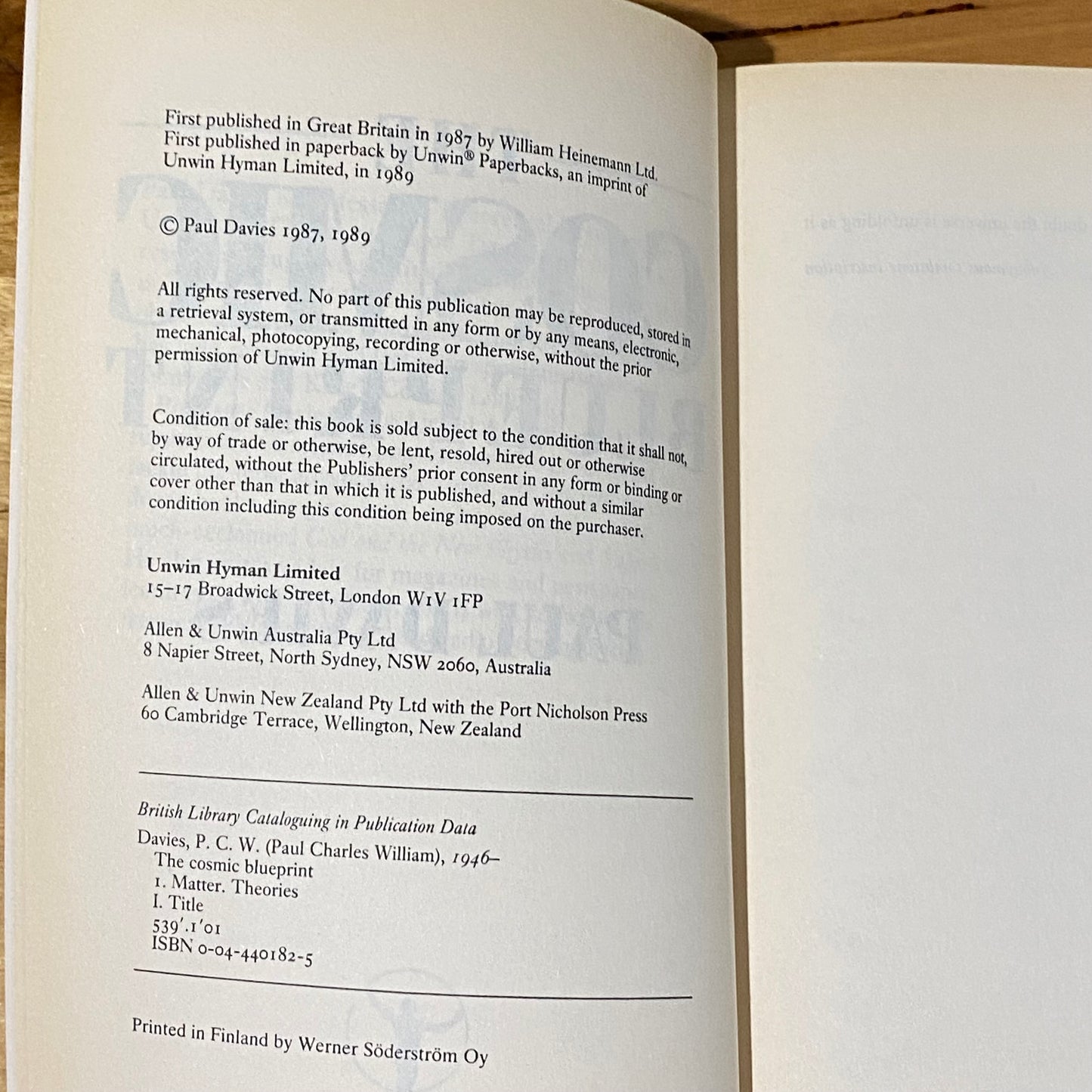 The Cosmic Blueprint by Paul Davies First Paperback Edition 1989 GD