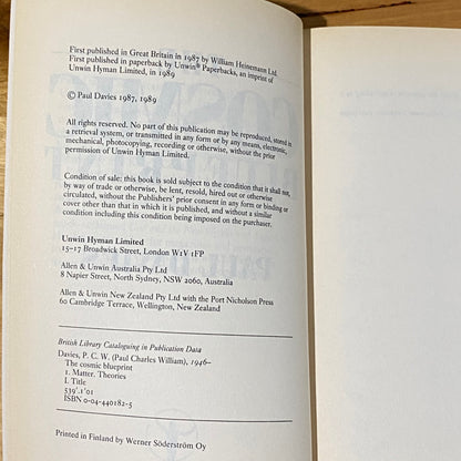 The Cosmic Blueprint by Paul Davies First Paperback Edition 1989 GD