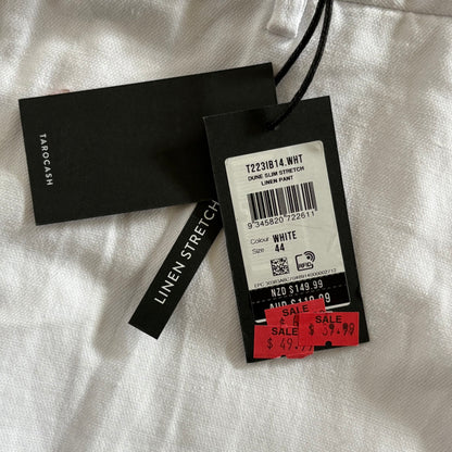 Tarocash Men’s Linen Pants White Sz 44-inch Waist Dune Slim Stretch Zip Fly NWT