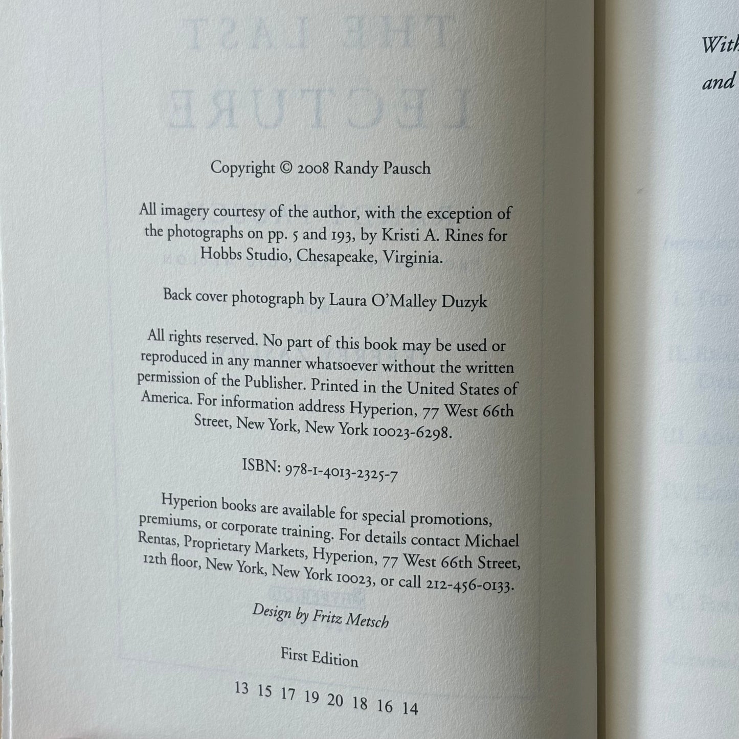 The Last Lecture by Randy Pausch Hardcover 2008 VGC