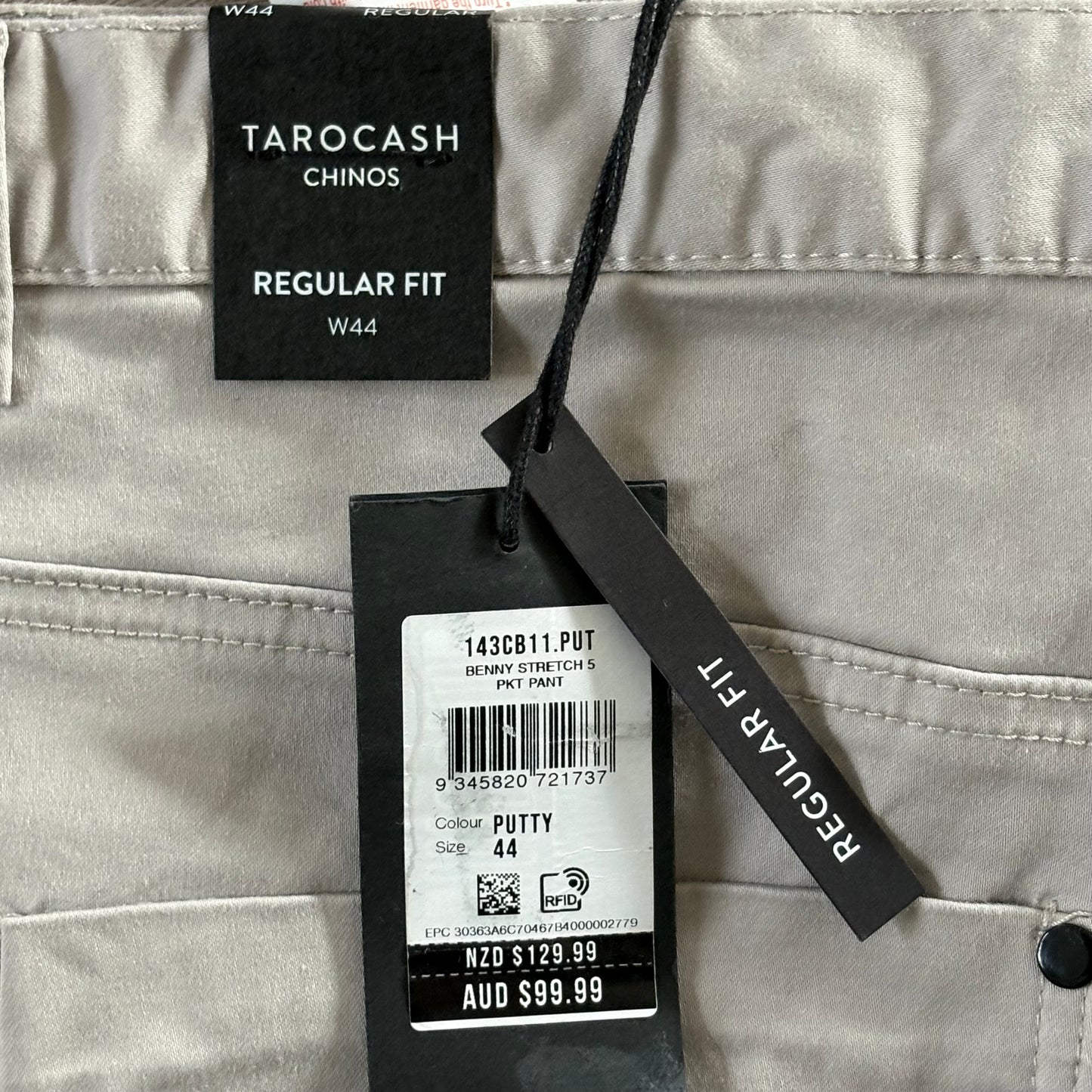 Tarocash Men’s Chinos Putty Sz 44-inch Waist Regular Zip Fly New With Tags