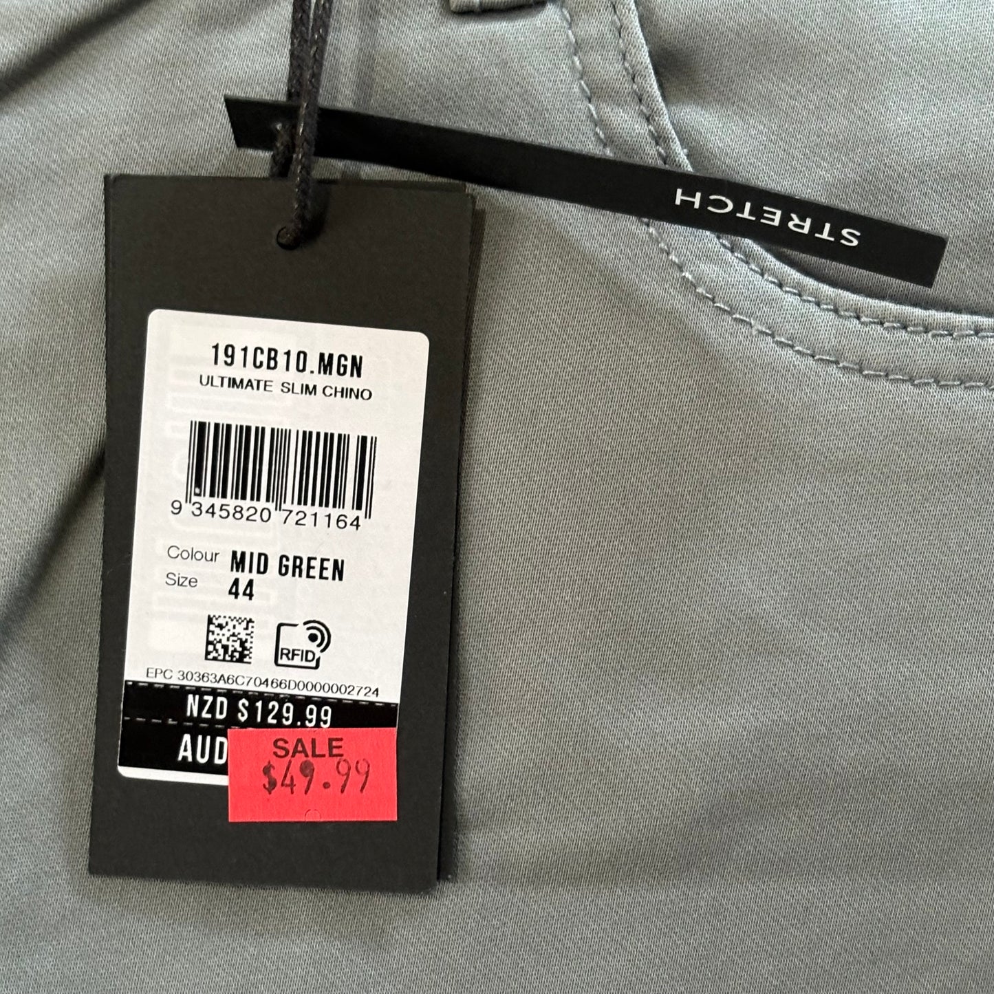 Tarocash Men’s Chinos Mid-Green Sz 44-inch Waist Stretch Zip Fly New With Tags