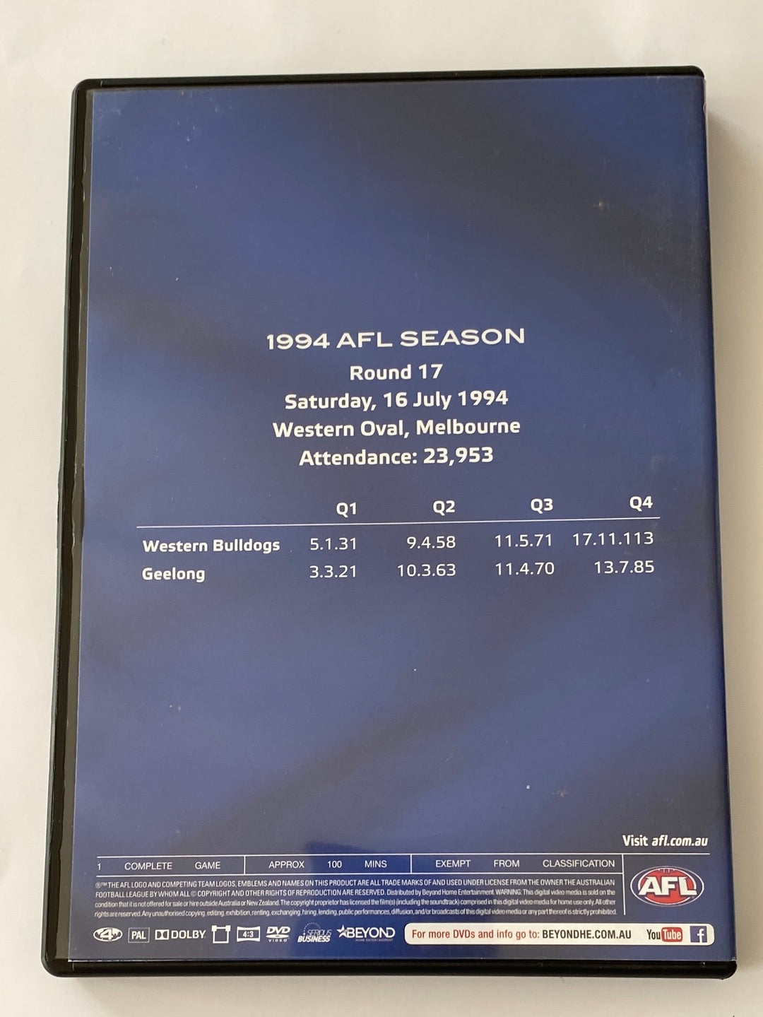 Western Bulldogs Legends DVD v Geelong 1994 Round 17 PAL 4 VGC