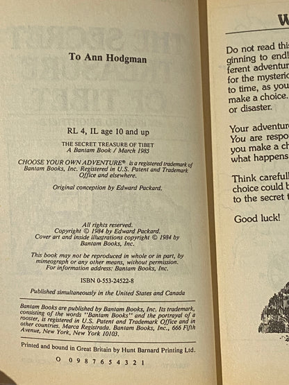 Choose Your Own Adventure 36 The Secret Treasure of Tibet Paperback 1985 VGC